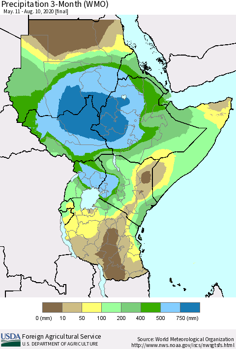Eastern Africa Precipitation 3-Month (WMO) Thematic Map For 5/11/2020 - 8/10/2020