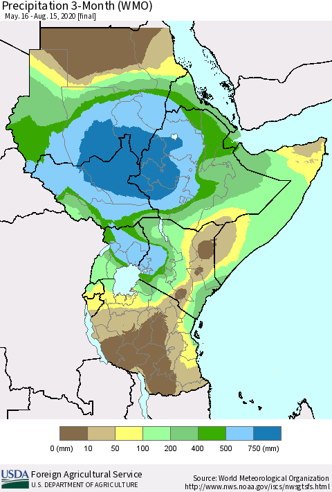 Eastern Africa Precipitation 3-Month (WMO) Thematic Map For 5/16/2020 - 8/15/2020