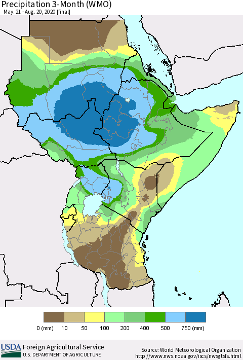 Eastern Africa Precipitation 3-Month (WMO) Thematic Map For 5/21/2020 - 8/20/2020
