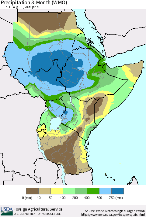 Eastern Africa Precipitation 3-Month (WMO) Thematic Map For 6/1/2020 - 8/31/2020