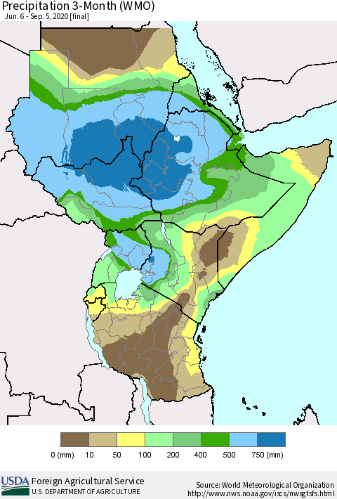 Eastern Africa Precipitation 3-Month (WMO) Thematic Map For 6/6/2020 - 9/5/2020