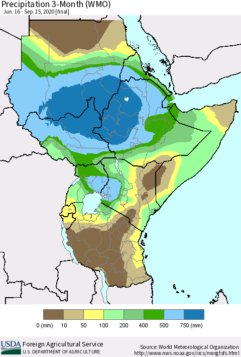 Eastern Africa Precipitation 3-Month (WMO) Thematic Map For 6/16/2020 - 9/15/2020