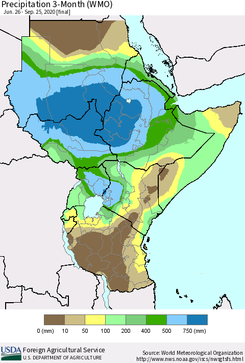 Eastern Africa Precipitation 3-Month (WMO) Thematic Map For 6/26/2020 - 9/25/2020