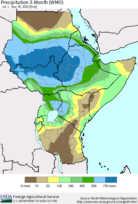 Eastern Africa Precipitation 3-Month (WMO) Thematic Map For 7/1/2020 - 9/30/2020
