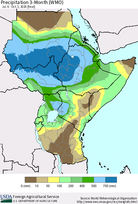 Eastern Africa Precipitation 3-Month (WMO) Thematic Map For 7/6/2020 - 10/5/2020