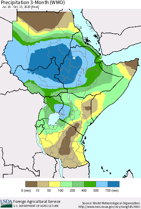 Eastern Africa Precipitation 3-Month (WMO) Thematic Map For 7/16/2020 - 10/15/2020