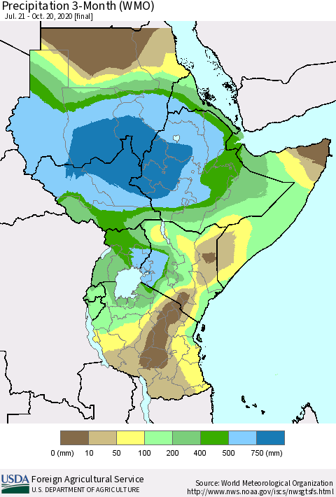 Eastern Africa Precipitation 3-Month (WMO) Thematic Map For 7/21/2020 - 10/20/2020