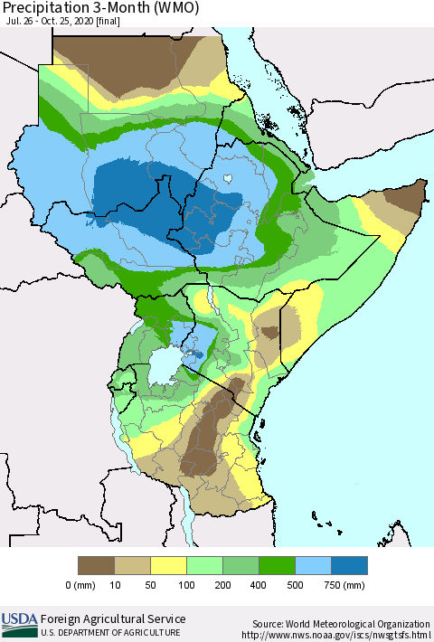 Eastern Africa Precipitation 3-Month (WMO) Thematic Map For 7/26/2020 - 10/25/2020