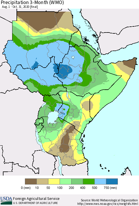 Eastern Africa Precipitation 3-Month (WMO) Thematic Map For 8/1/2020 - 10/31/2020