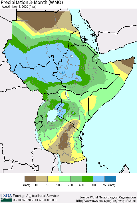 Eastern Africa Precipitation 3-Month (WMO) Thematic Map For 8/6/2020 - 11/5/2020