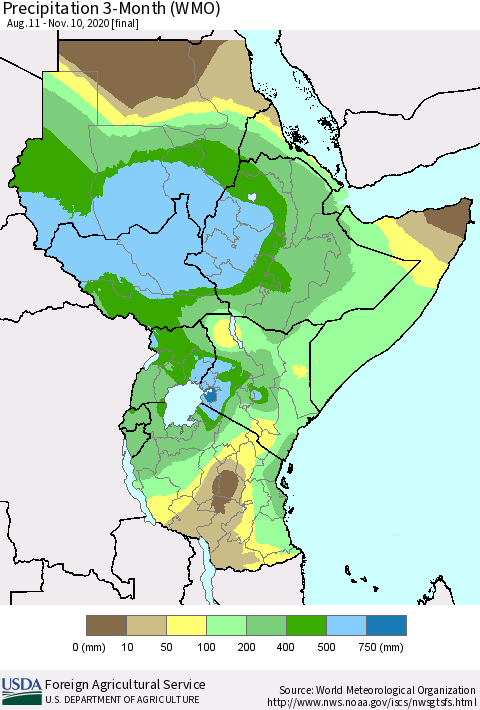 Eastern Africa Precipitation 3-Month (WMO) Thematic Map For 8/11/2020 - 11/10/2020