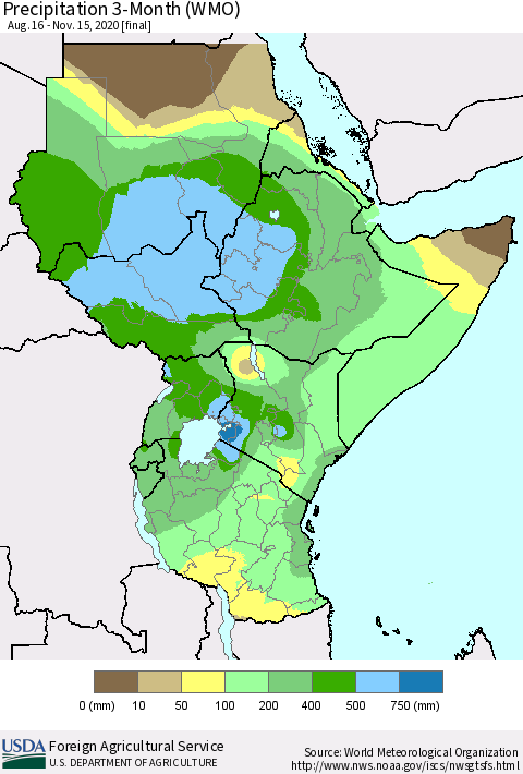 Eastern Africa Precipitation 3-Month (WMO) Thematic Map For 8/16/2020 - 11/15/2020