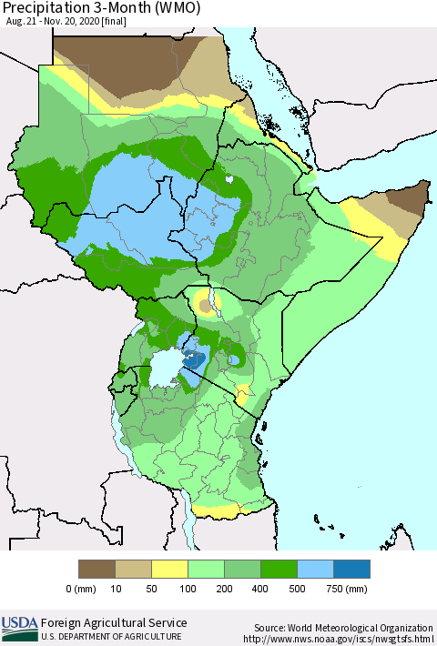 Eastern Africa Precipitation 3-Month (WMO) Thematic Map For 8/21/2020 - 11/20/2020