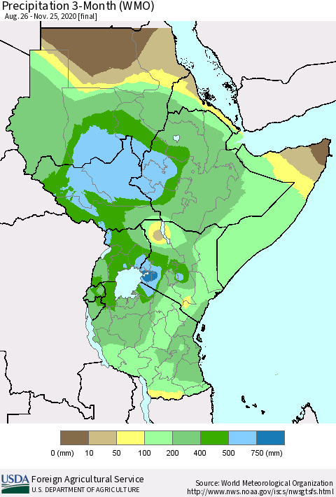 Eastern Africa Precipitation 3-Month (WMO) Thematic Map For 8/26/2020 - 11/25/2020