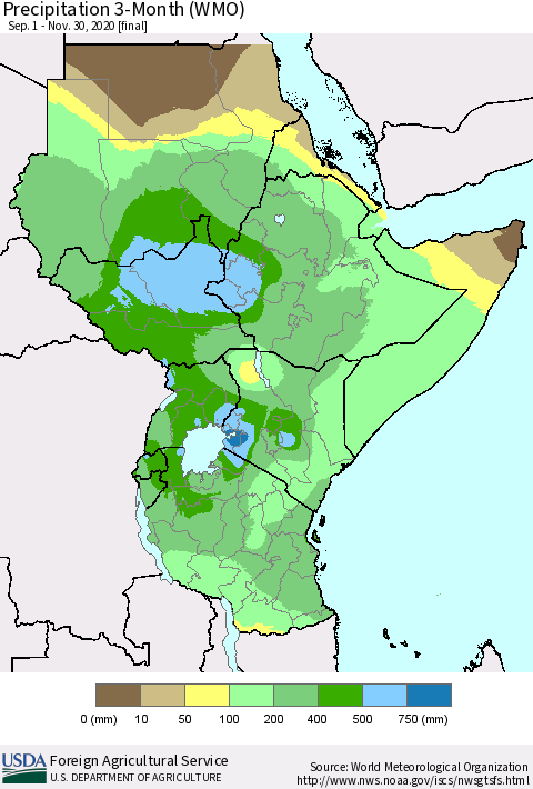 Eastern Africa Precipitation 3-Month (WMO) Thematic Map For 9/1/2020 - 11/30/2020