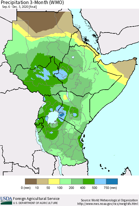 Eastern Africa Precipitation 3-Month (WMO) Thematic Map For 9/6/2020 - 12/5/2020