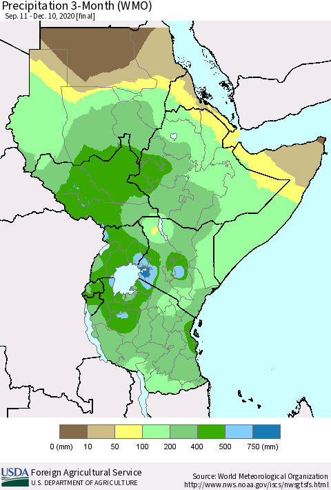 Eastern Africa Precipitation 3-Month (WMO) Thematic Map For 9/11/2020 - 12/10/2020