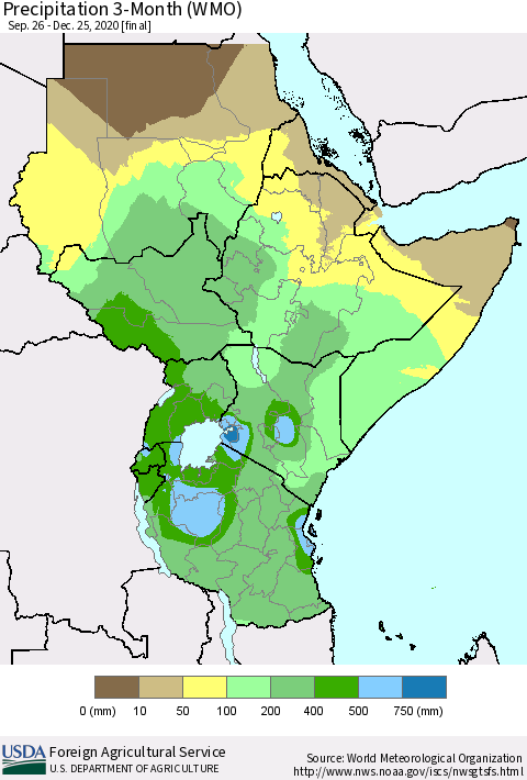 Eastern Africa Precipitation 3-Month (WMO) Thematic Map For 9/26/2020 - 12/25/2020