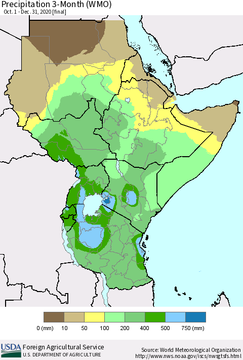 Eastern Africa Precipitation 3-Month (WMO) Thematic Map For 10/1/2020 - 12/31/2020