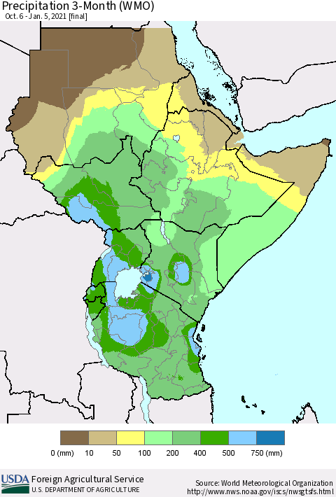 Eastern Africa Precipitation 3-Month (WMO) Thematic Map For 10/6/2020 - 1/5/2021