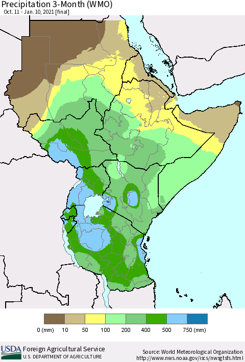 Eastern Africa Precipitation 3-Month (WMO) Thematic Map For 10/11/2020 - 1/10/2021