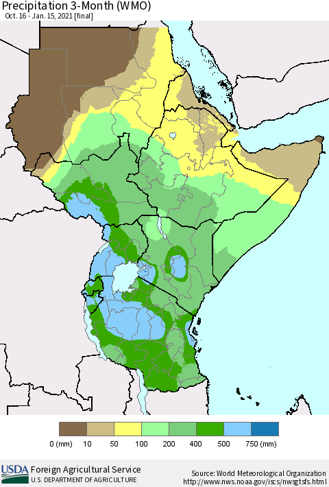 Eastern Africa Precipitation 3-Month (WMO) Thematic Map For 10/16/2020 - 1/15/2021