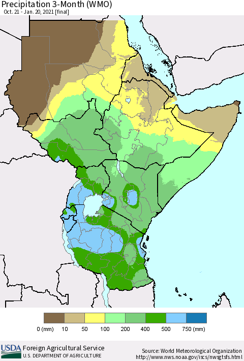 Eastern Africa Precipitation 3-Month (WMO) Thematic Map For 10/21/2020 - 1/20/2021
