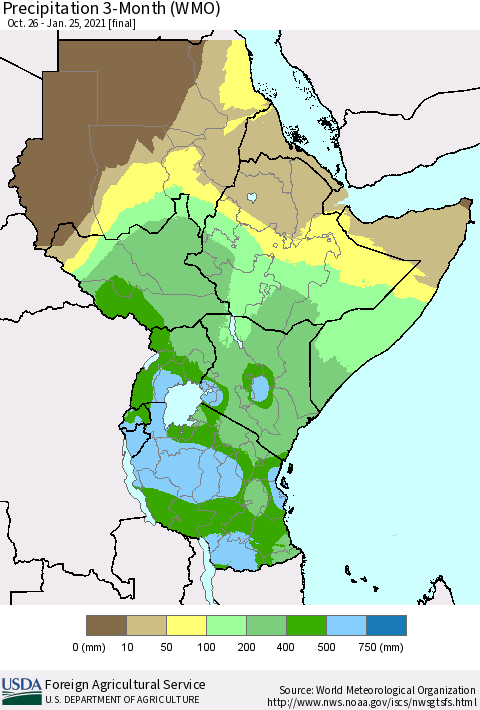 Eastern Africa Precipitation 3-Month (WMO) Thematic Map For 10/26/2020 - 1/25/2021