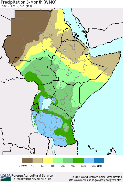 Eastern Africa Precipitation 3-Month (WMO) Thematic Map For 11/6/2020 - 2/5/2021