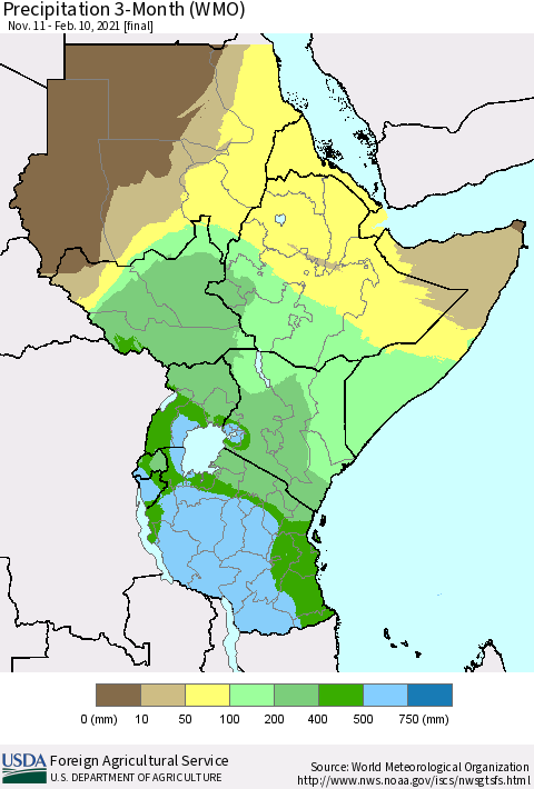 Eastern Africa Precipitation 3-Month (WMO) Thematic Map For 11/11/2020 - 2/10/2021