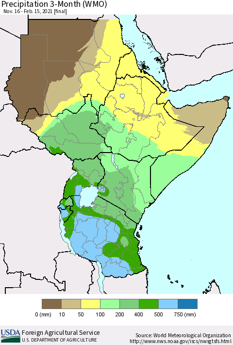 Eastern Africa Precipitation 3-Month (WMO) Thematic Map For 11/16/2020 - 2/15/2021