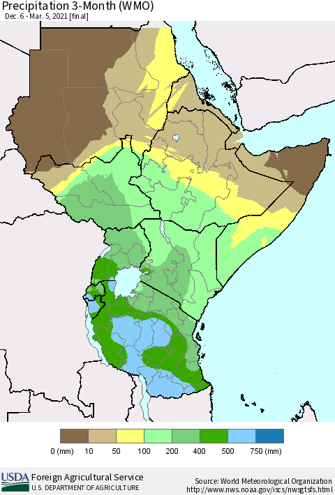 Eastern Africa Precipitation 3-Month (WMO) Thematic Map For 12/6/2020 - 3/5/2021