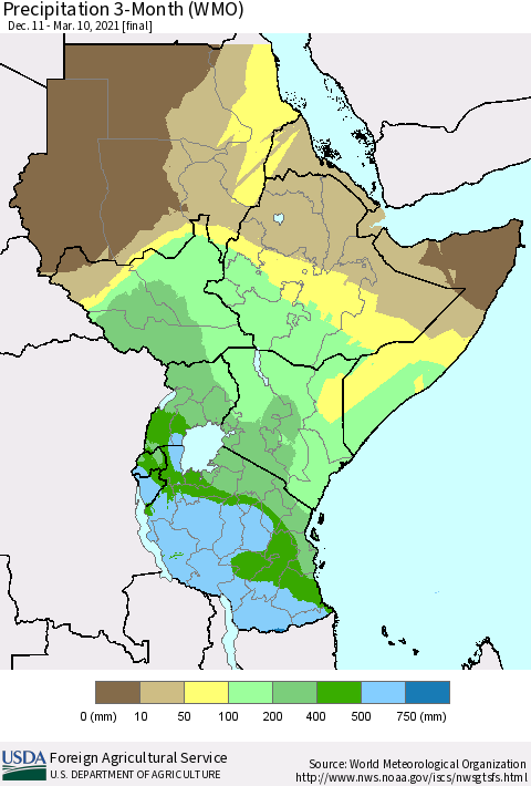 Eastern Africa Precipitation 3-Month (WMO) Thematic Map For 12/11/2020 - 3/10/2021