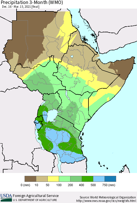 Eastern Africa Precipitation 3-Month (WMO) Thematic Map For 12/16/2020 - 3/15/2021