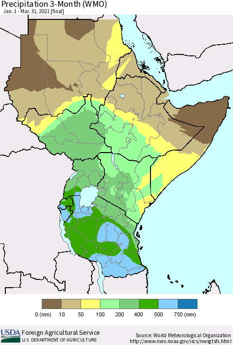 Eastern Africa Precipitation 3-Month (WMO) Thematic Map For 1/1/2021 - 3/31/2021