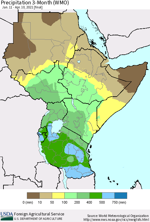 Eastern Africa Precipitation 3-Month (WMO) Thematic Map For 1/11/2021 - 4/10/2021