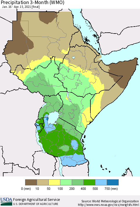 Eastern Africa Precipitation 3-Month (WMO) Thematic Map For 1/16/2021 - 4/15/2021