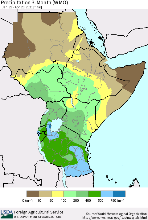 Eastern Africa Precipitation 3-Month (WMO) Thematic Map For 1/21/2021 - 4/20/2021