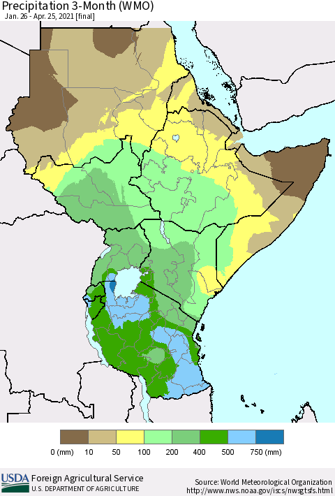 Eastern Africa Precipitation 3-Month (WMO) Thematic Map For 1/26/2021 - 4/25/2021