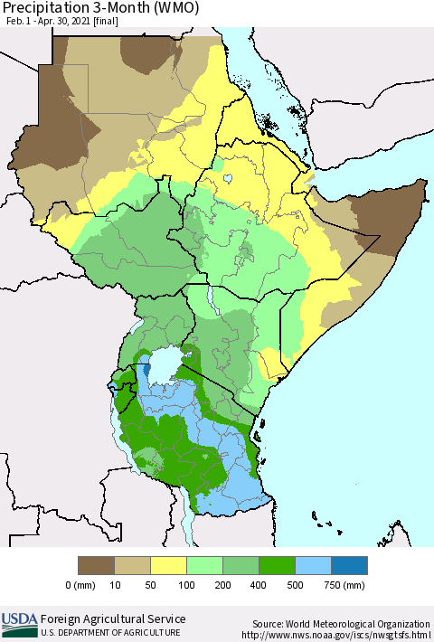 Eastern Africa Precipitation 3-Month (WMO) Thematic Map For 2/1/2021 - 4/30/2021