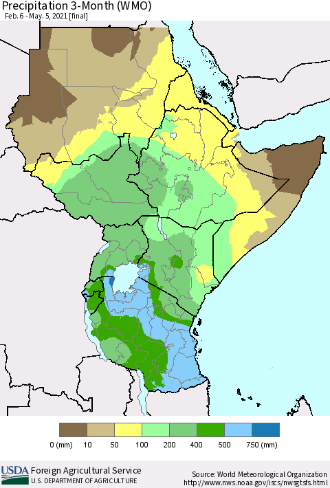Eastern Africa Precipitation 3-Month (WMO) Thematic Map For 2/6/2021 - 5/5/2021