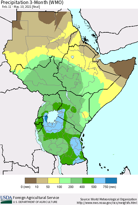 Eastern Africa Precipitation 3-Month (WMO) Thematic Map For 2/11/2021 - 5/10/2021