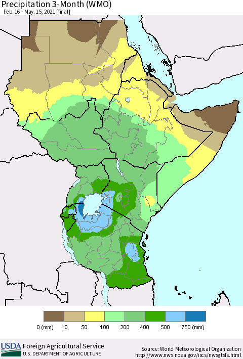 Eastern Africa Precipitation 3-Month (WMO) Thematic Map For 2/16/2021 - 5/15/2021