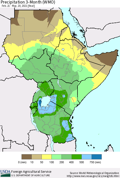Eastern Africa Precipitation 3-Month (WMO) Thematic Map For 2/21/2021 - 5/20/2021