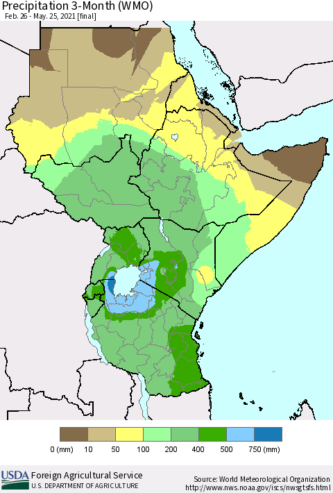 Eastern Africa Precipitation 3-Month (WMO) Thematic Map For 2/26/2021 - 5/25/2021