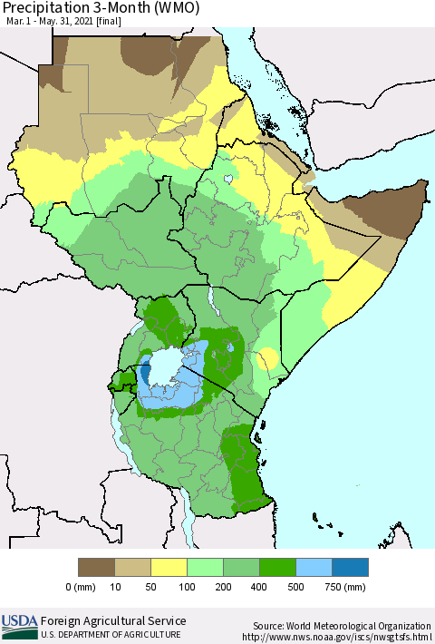 Eastern Africa Precipitation 3-Month (WMO) Thematic Map For 3/1/2021 - 5/31/2021