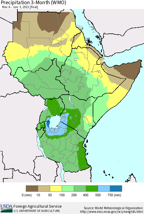 Eastern Africa Precipitation 3-Month (WMO) Thematic Map For 3/6/2021 - 6/5/2021