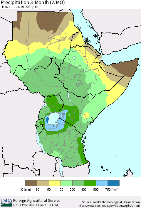 Eastern Africa Precipitation 3-Month (WMO) Thematic Map For 3/11/2021 - 6/10/2021
