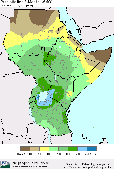 Eastern Africa Precipitation 3-Month (WMO) Thematic Map For 3/16/2021 - 6/15/2021