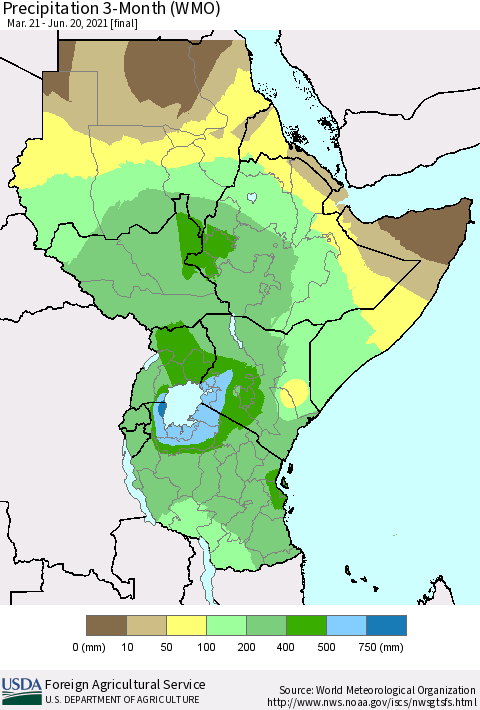 Eastern Africa Precipitation 3-Month (WMO) Thematic Map For 3/21/2021 - 6/20/2021